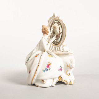 Vintage Japanese Porcelain Jewelry Box, Lady At Mirror