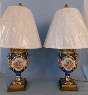 PAIR FRENCH PAINTED PORCELAIN LAMPS - CHERUBS & FLOWERS 