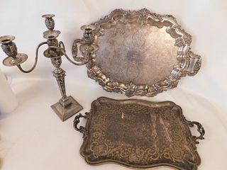 SILVER PLATED CANDELABRA & 2 TRAYS 