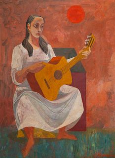 Anton Refregier (American, 1905-1979) "Woman playing guitar," oil on board,