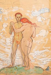 Early 20th Century Albert Schmidt Man and Woman Gouache on Paper