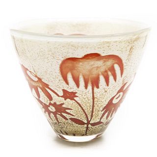 Kosta Boda Floating Flowers Signed Olle Brozen Art Glass Serving Bowl