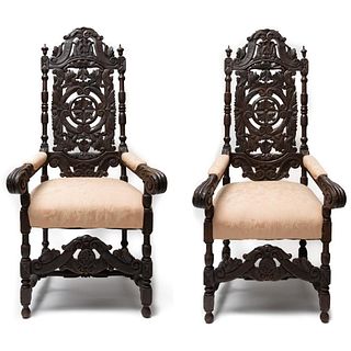 Pair of Victorian Carved Wood Arm Chairs