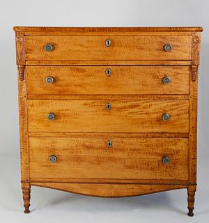 American Tiger Maple Sheraton Chest of Drawers, circa 1840