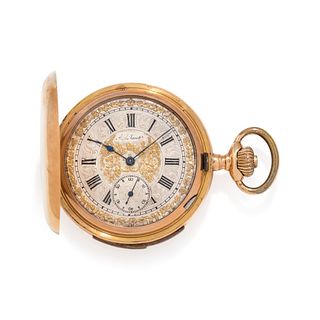 A.L. JACOT, 18K YELLOW GOLD MINUTE REPEATER HUNTER CASE POCKET WATCH