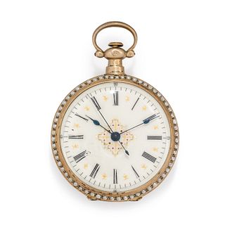 SILVER-GILT, PEARL AND ENAMEL OPEN FACE POCKET WATCH
