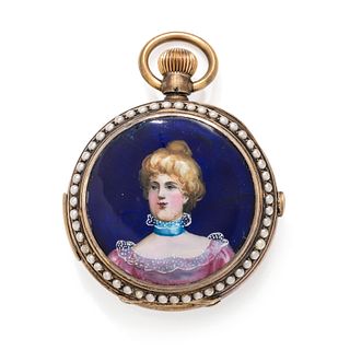 SILVER GILT, ENAMEL AND PEARL CHRONOGRAPH HUNTER CASE POCKET WATCH