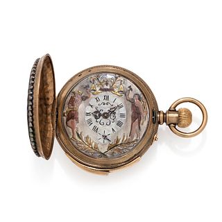 GOLD-FILLED, ENAMEL AND PASTE AUTOMATON HUNTER CASE POCKET WATCH