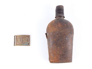 19th C. U.S. Cavalry Brass Buckle & Leather Flask