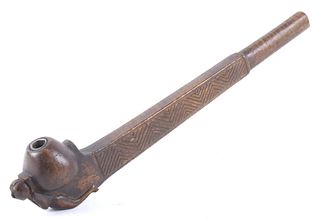 19th Century Human Effigy Carved Wood Pewter Pipe