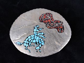 1981 Silver Chipped Turquoise & Coral Rodeo Buckle