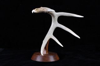 Mounted Hand Carved Eagle Antler Mid Century