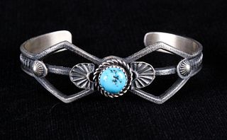 Navajo Silver Sand Cast Kingman Turquoise Bracelet