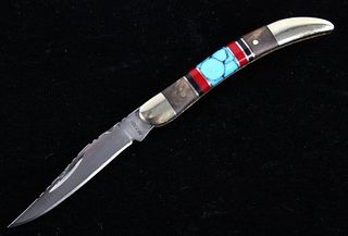 Navajo Turquoise & Coral Inlaid Maxam Knife