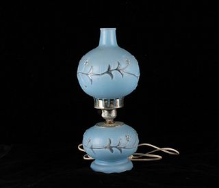Antique Blue Glass w Flower Design Electric Lamp