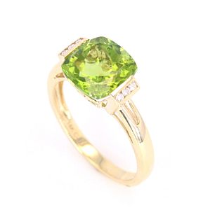 Green Peridot and Diamond 14K Gold Ring