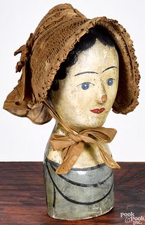 Papier-mâché wig or hat stand, with bonnet