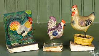 Three rooster pipsqueak toys, 19th c.