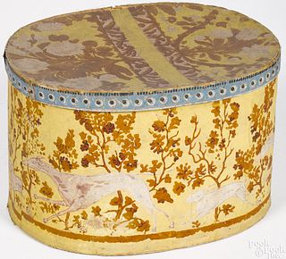 Wallpaper hound and hare hat box, 19th c.