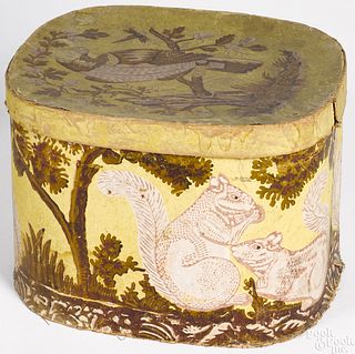 Wallpaper squirrel and parrot hat box, 19th c.