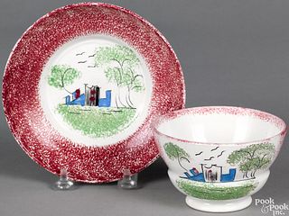 Red spatter cup and saucer, with fort variant