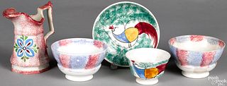 Teal spatter cup and saucer with peafowl