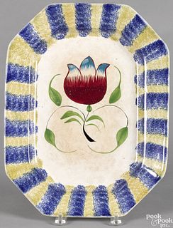 Yellow and blue spatter platter, with tulip