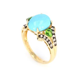Turquoise, Tourmaline and Diamond 10K Ring