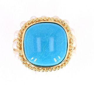 Gem Quality Turquoise and Seed Pearl 14K Ring