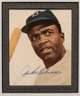 A Jackie Robinson Signed Display (Beckett LOA),
2 1/2 x 3 inches.