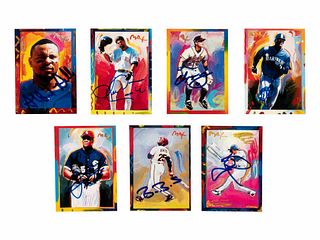 A Group of 7 Signed 1997 Topps Gallery Peter Max Baseball Cards,