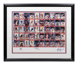 A Signed 1980 Miracle on Ice Hockey Team Uncut Trading Card Sheet,
21 x 27 1/2 inches