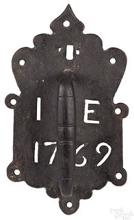 Rare New Jersey iron door latch plate, dated 1769