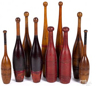 Five pairs of painted Indian juggling clubs
