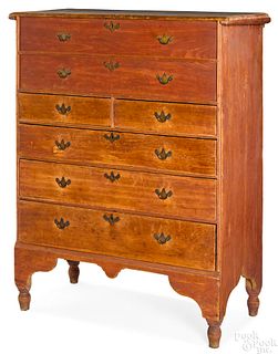 Stained New England pine semi-tall chest