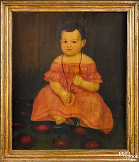 Oil on wood panel portrait of a child, mid 19th c