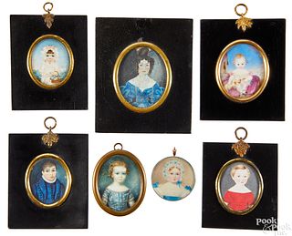 Seven miniature watercolor portraits, 19th c.