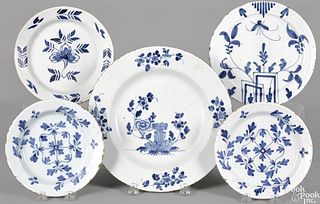 Five English Delft blue and white plates