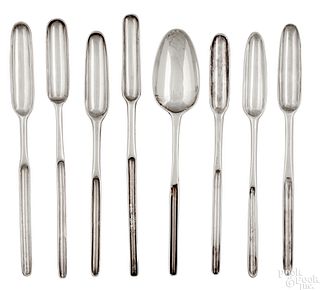 Seven Georgian silver marrow scoops