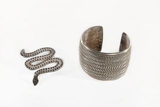 A Cippy Crazyhorse Sterling Silver Cuff Bracelet and Snake Brooch