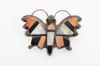 A Zuni Stone Inlay Butterfly Brooch Pin