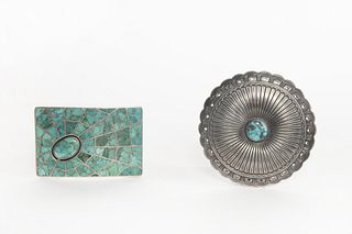 Two Navajo Silver and Turquoise Belt Buckles