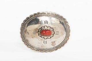 A Navajo Silver and Coral Belt Buckle, ca. 1980-1990