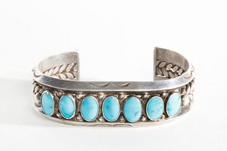 A Navajo Seven Stone Turquoise and Silver Bracelet, ca. 1940