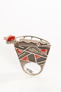 A Michael Roanhorse Sterling Silver and Coral Ring