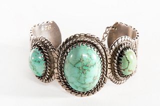 A Navajo Three Stone Turquoise and Sterling Silver Cuff Bracelet