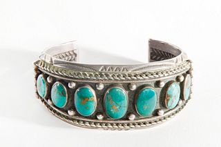 A Navajo Seven Stone Blue Gem and Silver Cuff Bracelet, ca. 1940