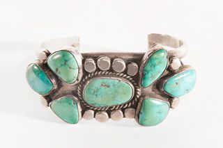 A Navajo Seven Stone Turquoise and Silver Cuff, ca. 1940