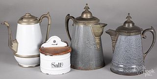 Three graniteware coffee pots with pewter mounts