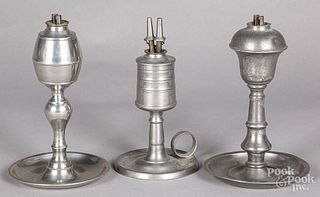 Three pewter whale oil lamps